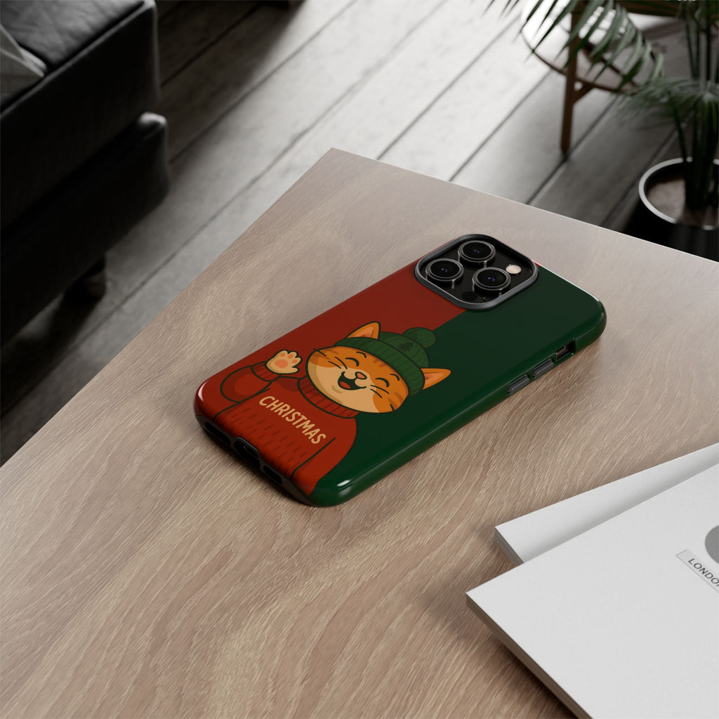 Tough Phone case with a Christmas-themed design of a cat wearing a sweater