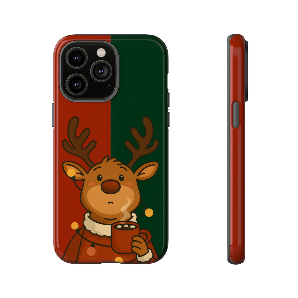 Tough Phone case with a reindeer holding a mug on christmas background