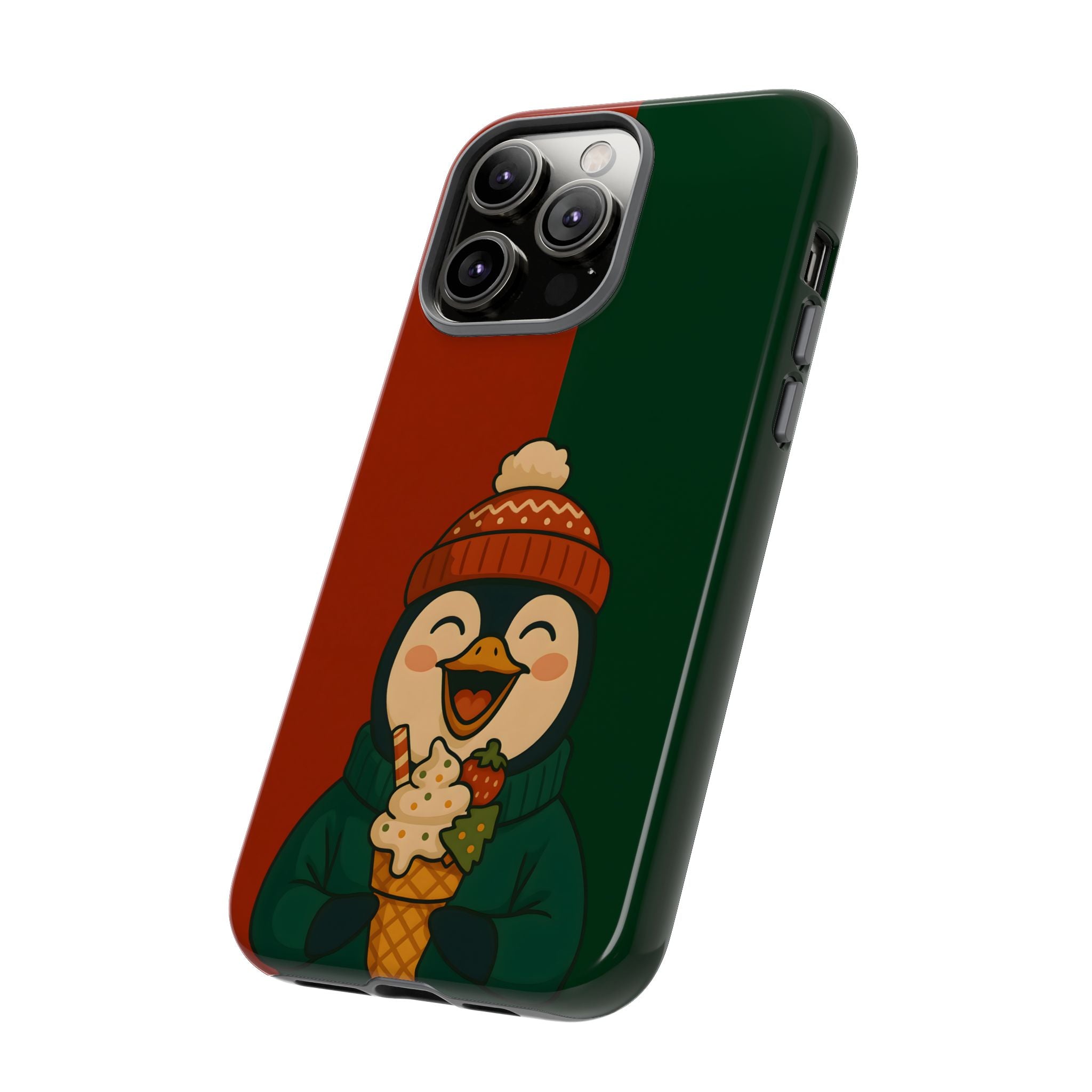 Christmas Tough Phone case with a penguin design holding an ice cream
