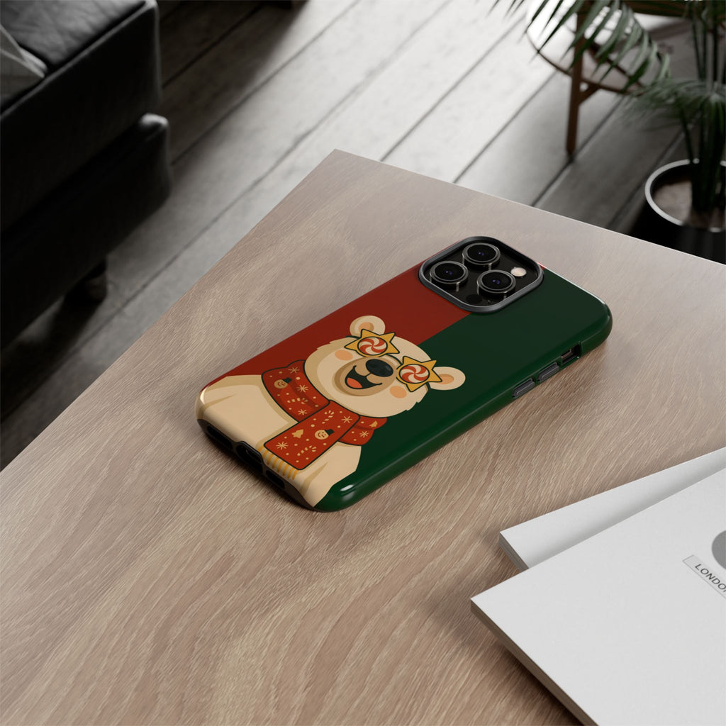 Tough Phone case with bear design on a wooden table
