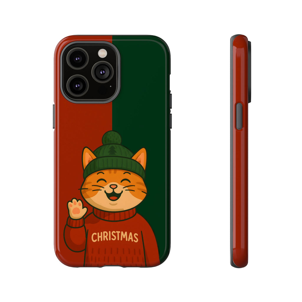 Tough Phone case with a Christmas-themed design of a cat wearing a sweater