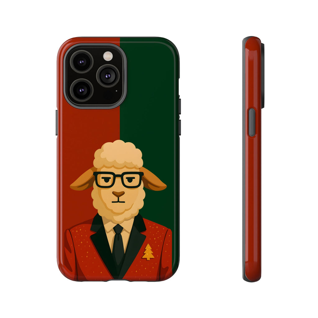 Tough Phone case with a stylized sheep wearing a red jacket on a christmas background