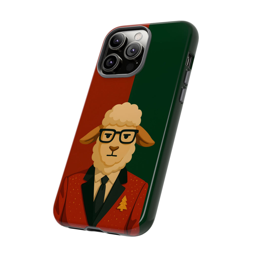 Phone case with a cartoon sheep wearing glasses and a red jacket on a christmas background