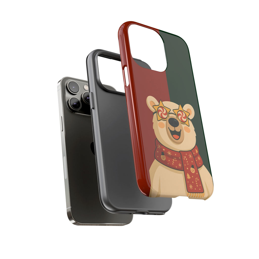 Tough Phone case with a bear design wearing a red scarf on a christmas background