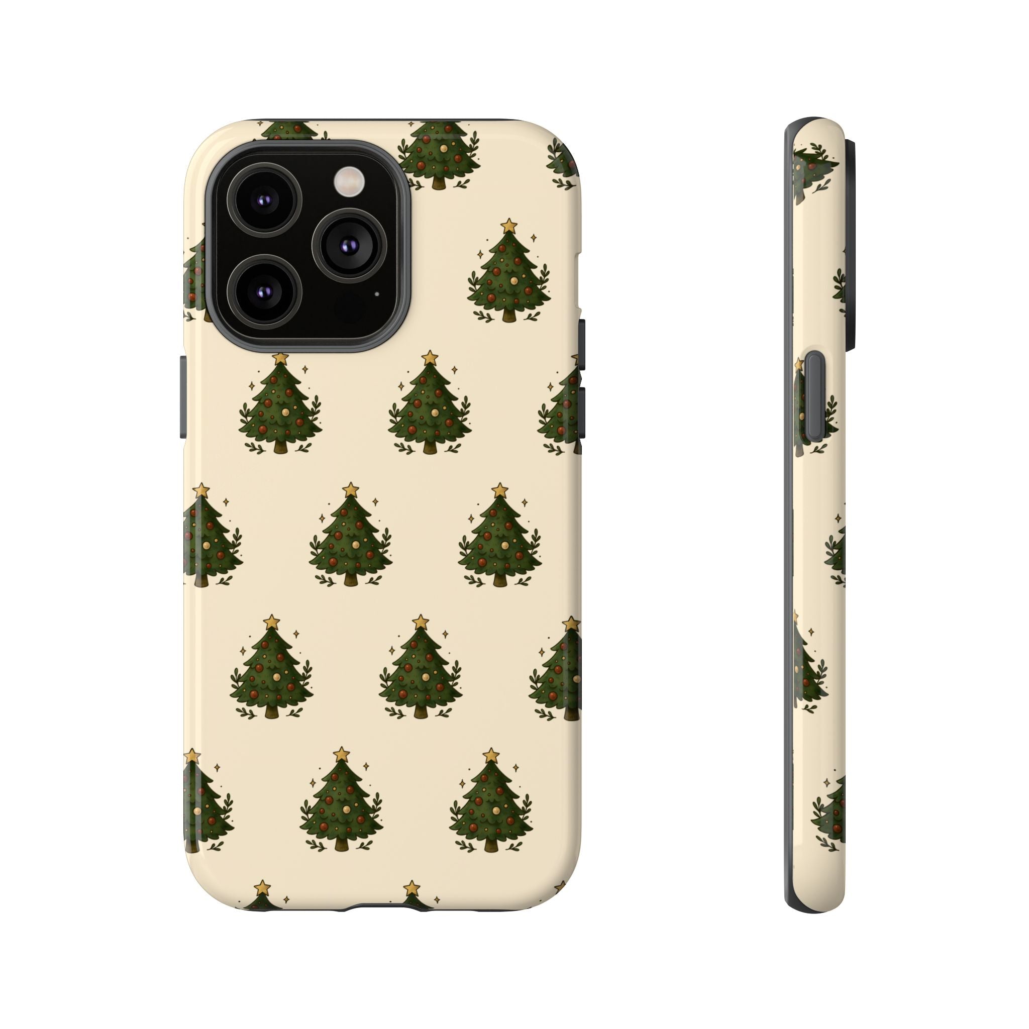 Christmas Tough Phone case with Christmas tree pattern on a beige background