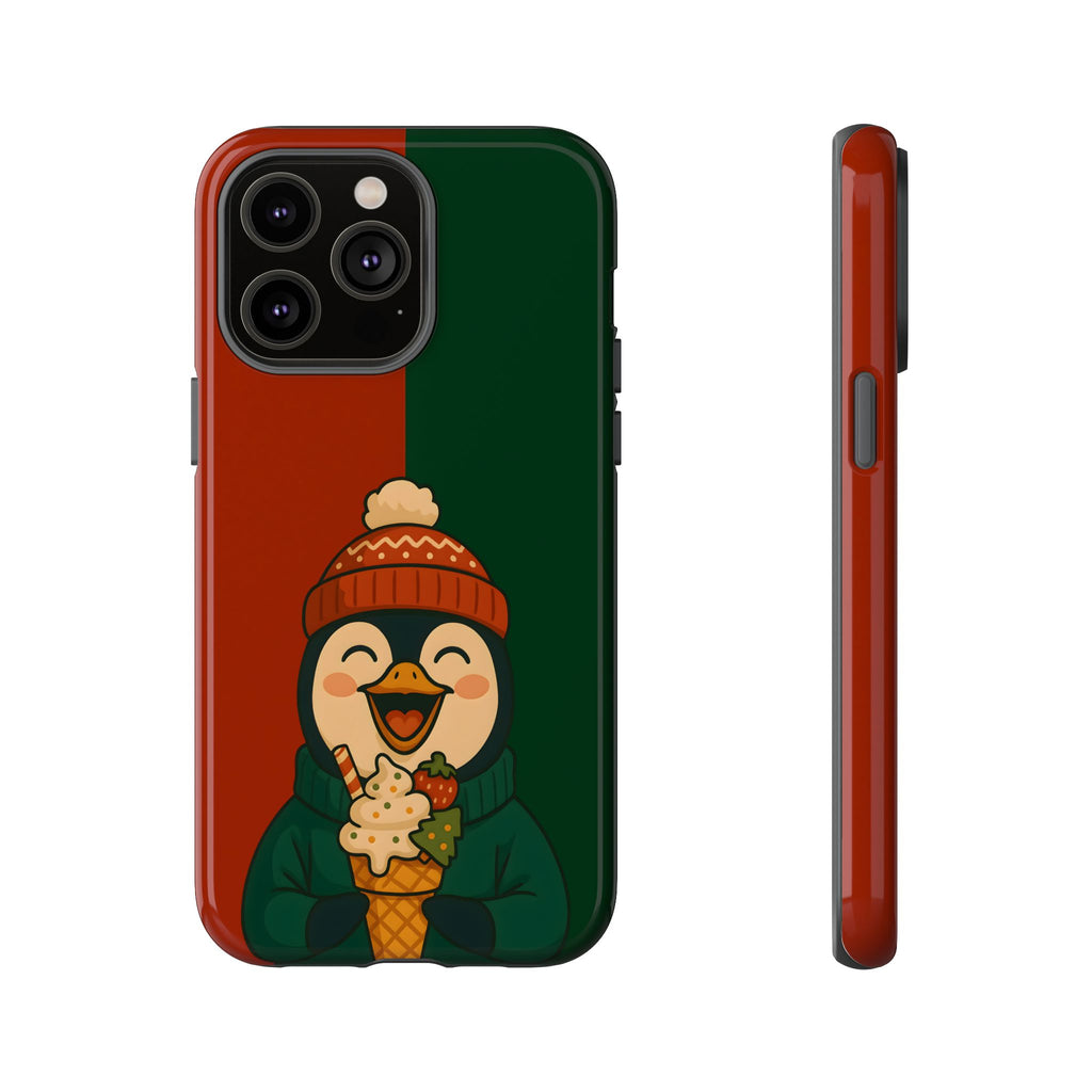 Christmas Tough Phone case with a penguin design holding an ice cream