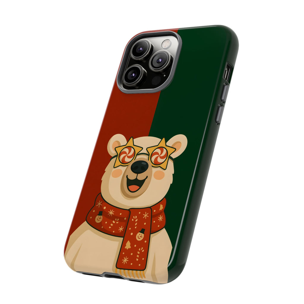 Phone case with a bear design wearing sunglasses and a scarf on a white background