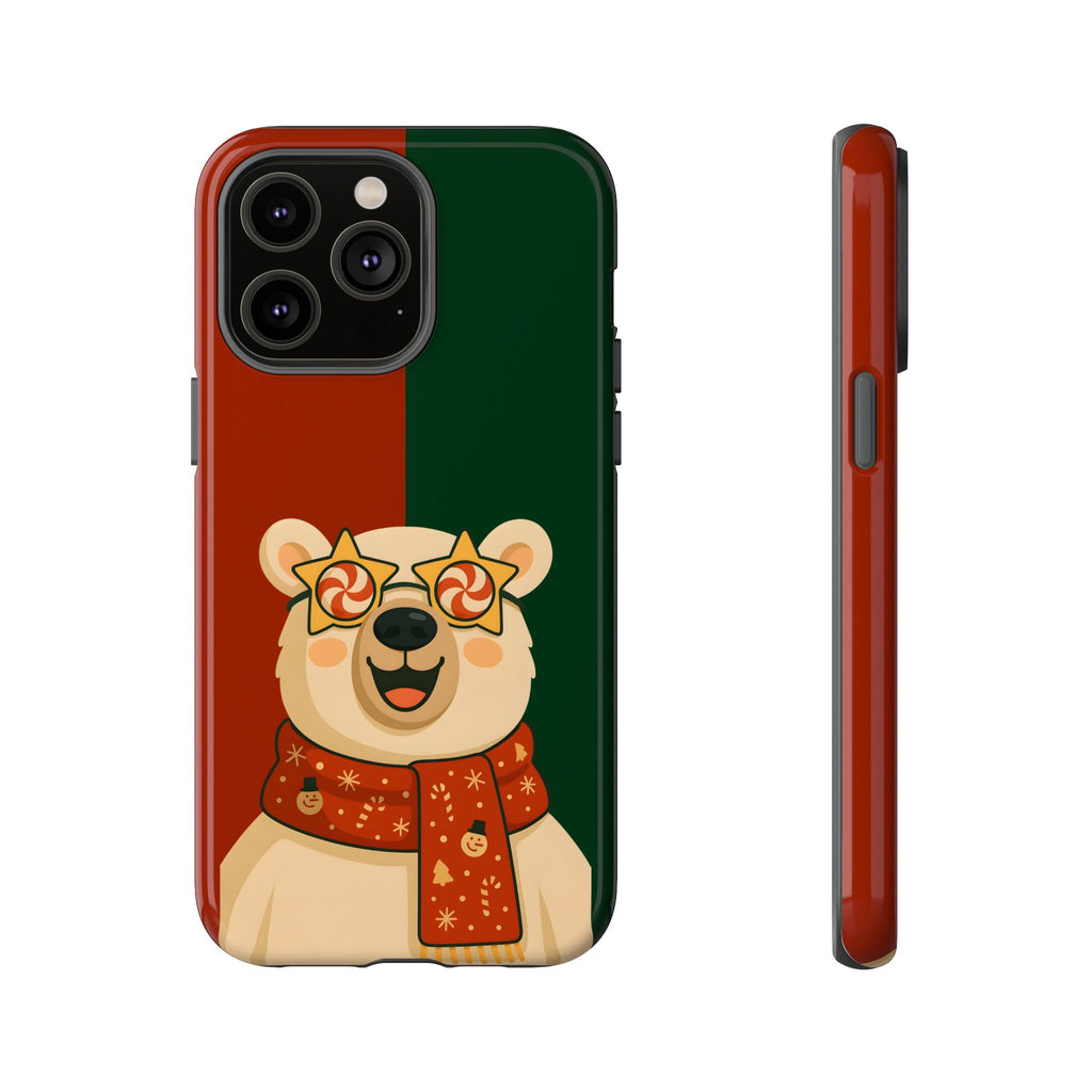 Tough Phone case with a bear design wearing sunglasses and a scarf on a christmas background