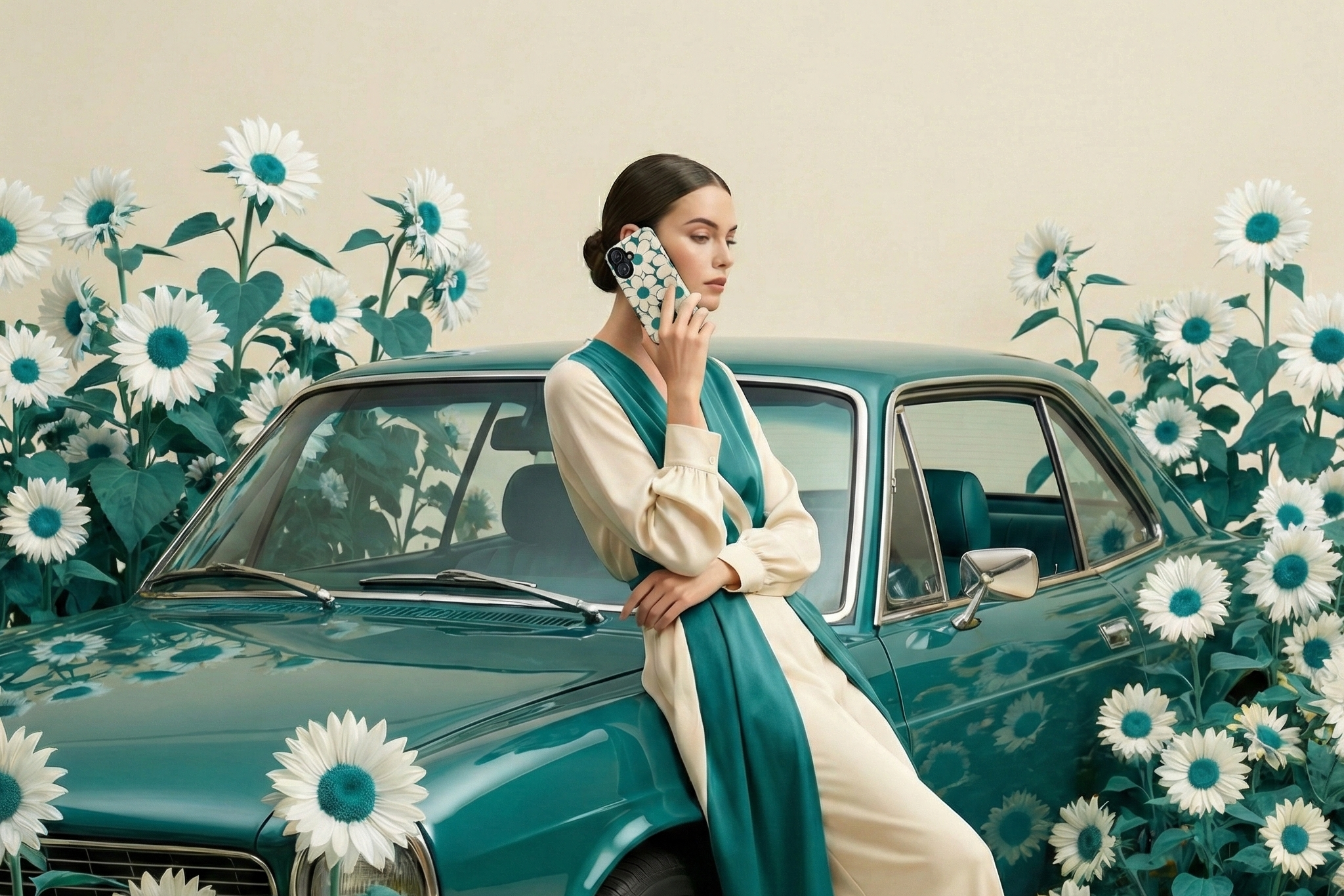 Woman in a long green and beige dress leaning against a vintage car surrounded by flowers using the new phone case